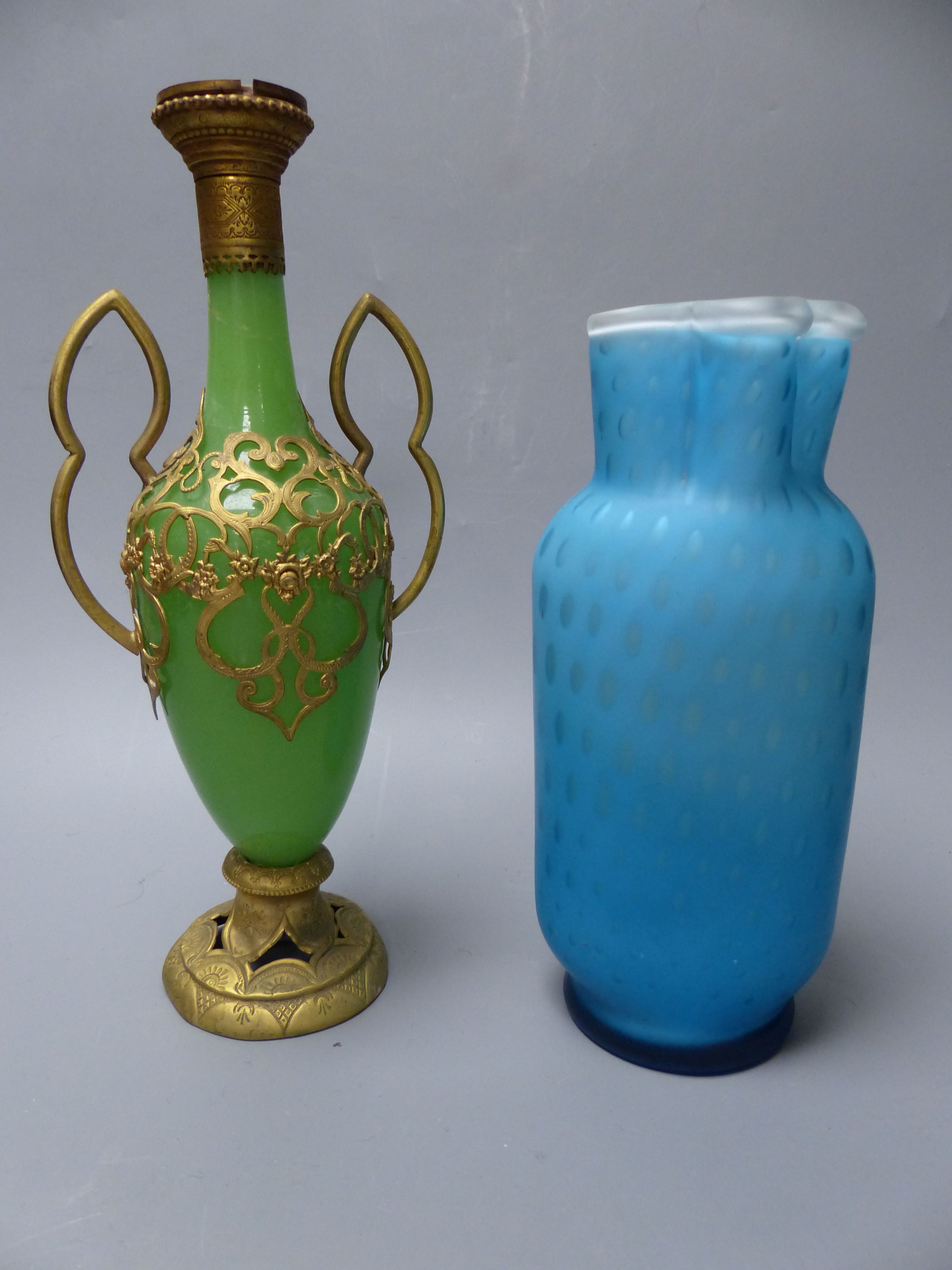 A group of French coloured opaline glass with gilt metal mounts and a satin glass vase, tallest 23.5cm